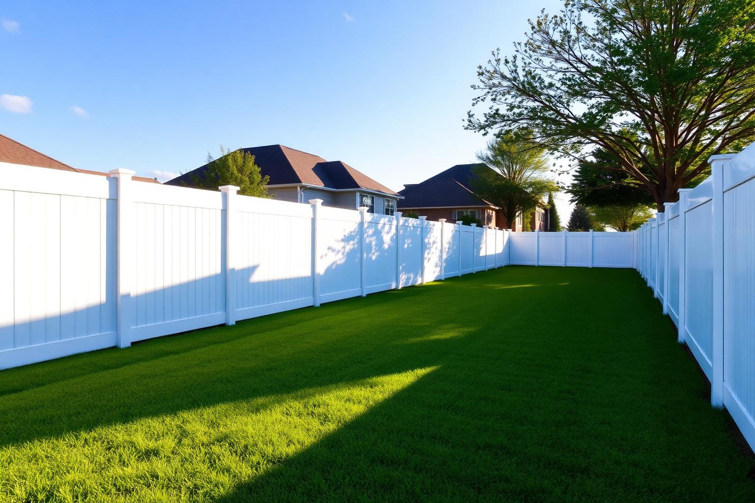 Installed white vinyl privacy fence in a Texas residential backyard