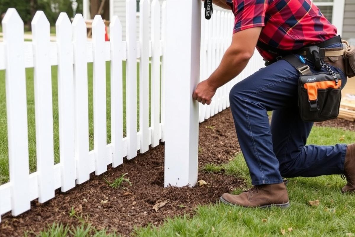 Installation crew setting a routed vinyl fence post on a Texas job site
